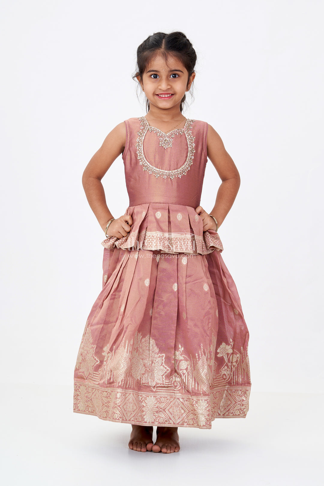 Girls Brown Anarkali Dress in Banarasi Kora Tissue Silk with Zari Border and Embroidered Yoke Design