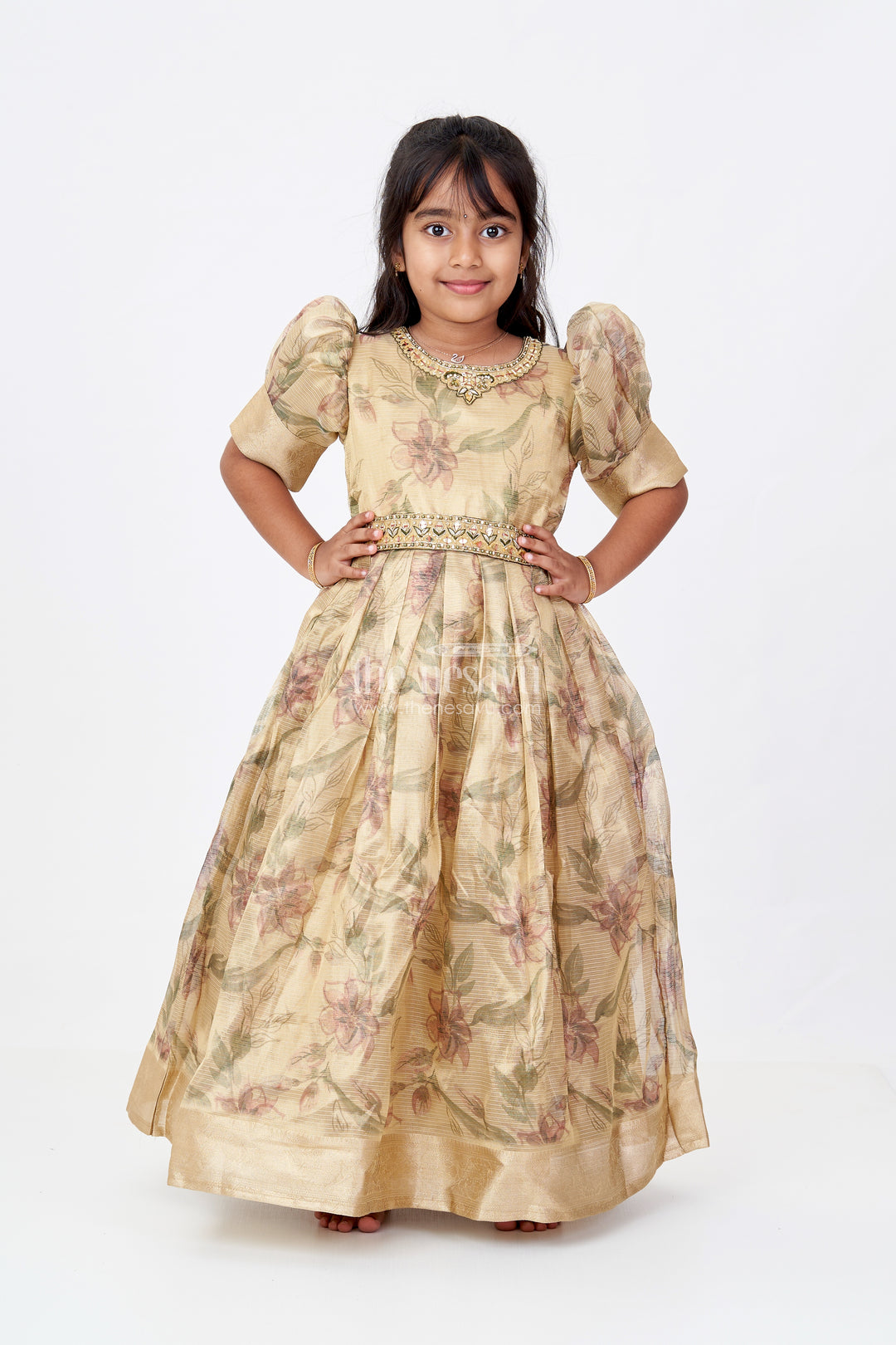 Girls Golden Anarkali in Tissue Fabric with Floral Digital Print and Embellished Neckline for Elegant Occasions
