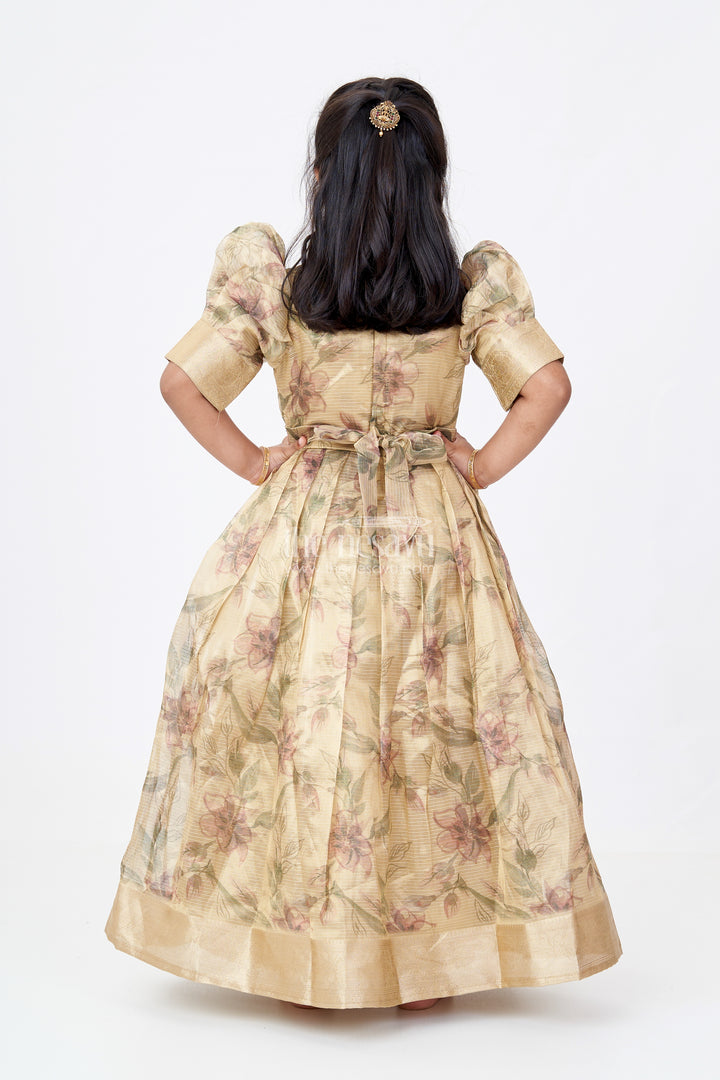 Girls Golden Anarkali in Tissue Fabric with Floral Digital Print and Embellished Neckline for Elegant Occasions