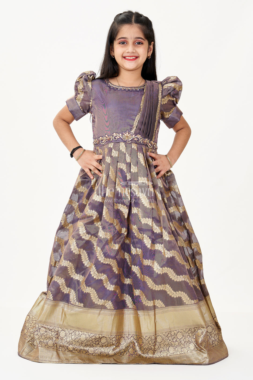 Girls Frock Gown Design in Organza Banarasi Silk with Gold Zari Border and Puff Sleeves