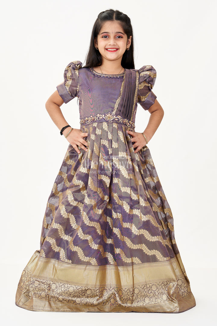 Girls Frock Gown Design in Organza Banarasi Silk with Gold Zari Border and Puff Sleeves