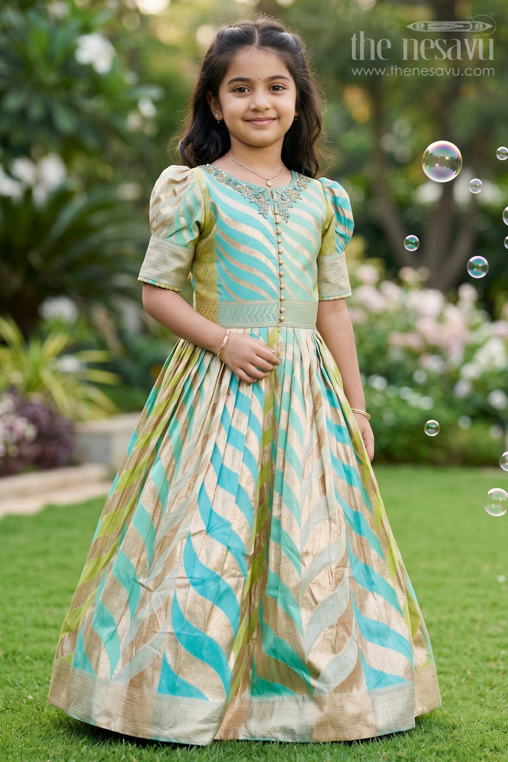 Girls Anarkali Gown Silk in Banarasi Silk Blend with Jacquard Zari Weave and Bold Chevron Pattern Design