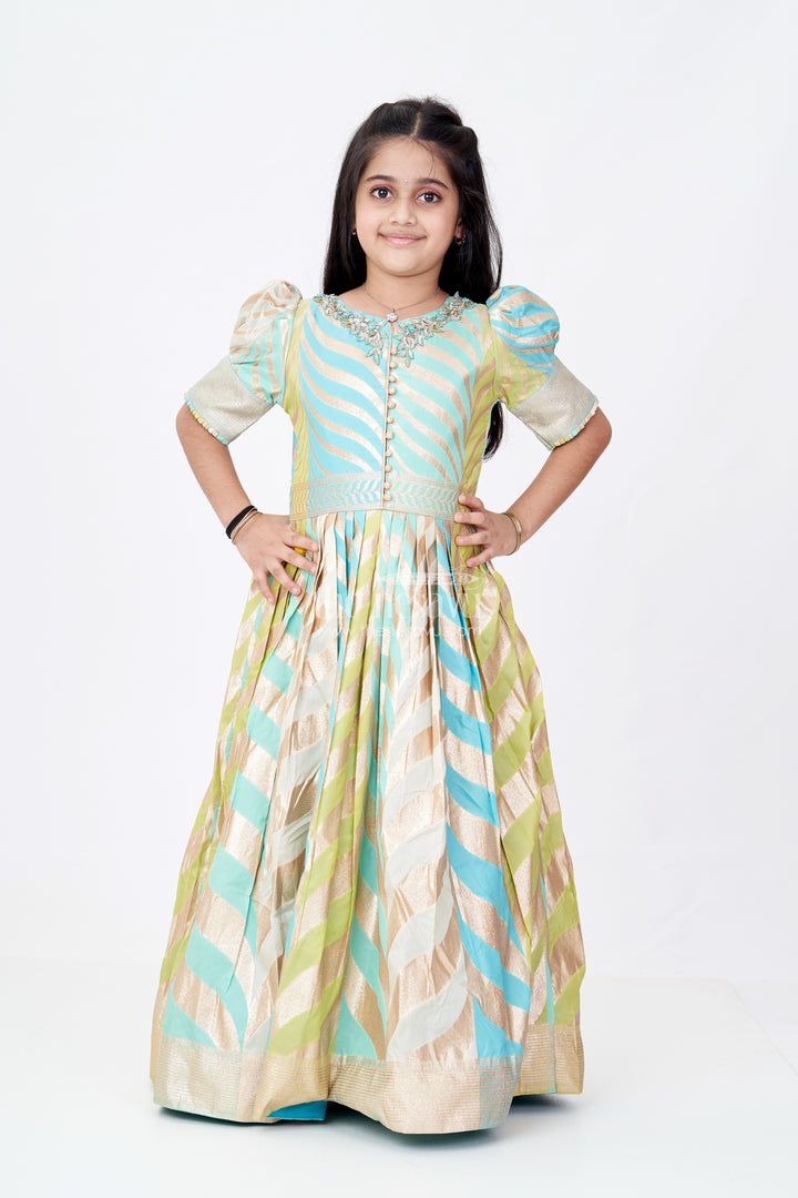 Girls Anarkali Gown Silk in Banarasi Silk Blend with Jacquard Zari Weave and Bold Chevron Pattern Design