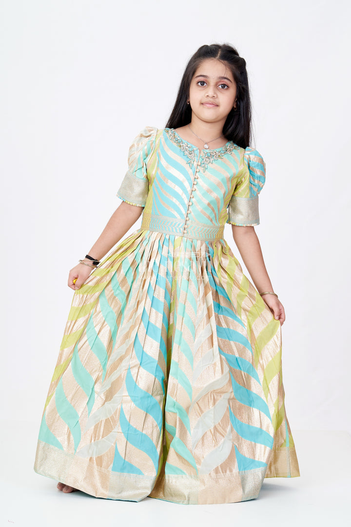 Girls Anarkali Gown Silk in Banarasi Silk Blend with Jacquard Zari Weave and Bold Chevron Pattern Design