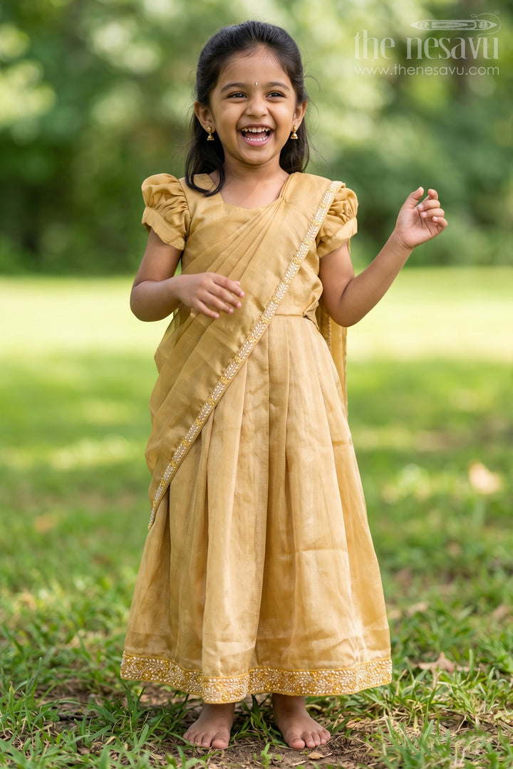 Girls Organza Anarkali Dress with Thread Embroidery Lace and Embellished Dupatta in Elegant Golden Tone
