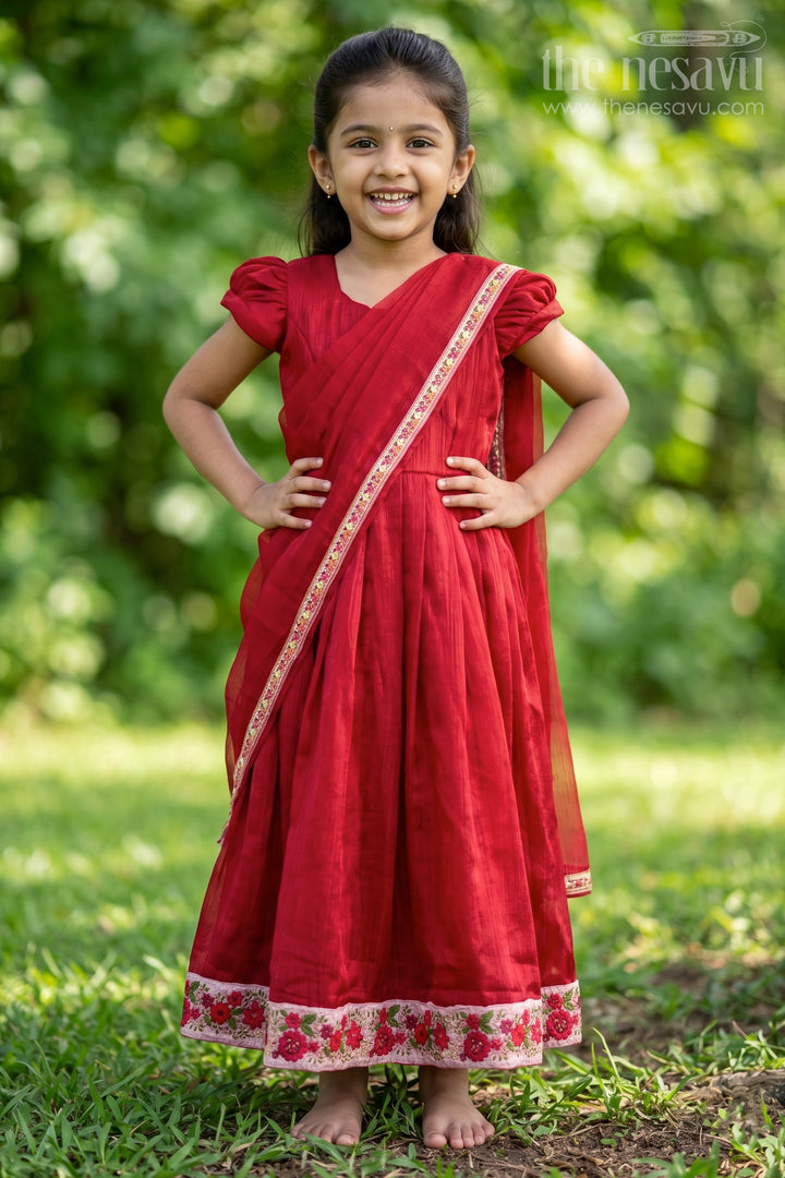 Girls Gowns for Weddings in Rich Red Organza with Embroidery Lace and Floral Dupatta Border