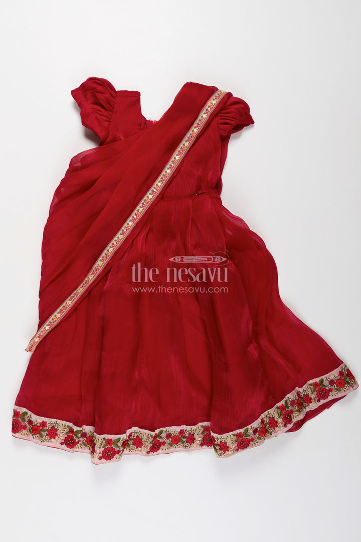 Girls Gowns for Weddings in Rich Red Organza with Embroidery Lace and Floral Dupatta Border