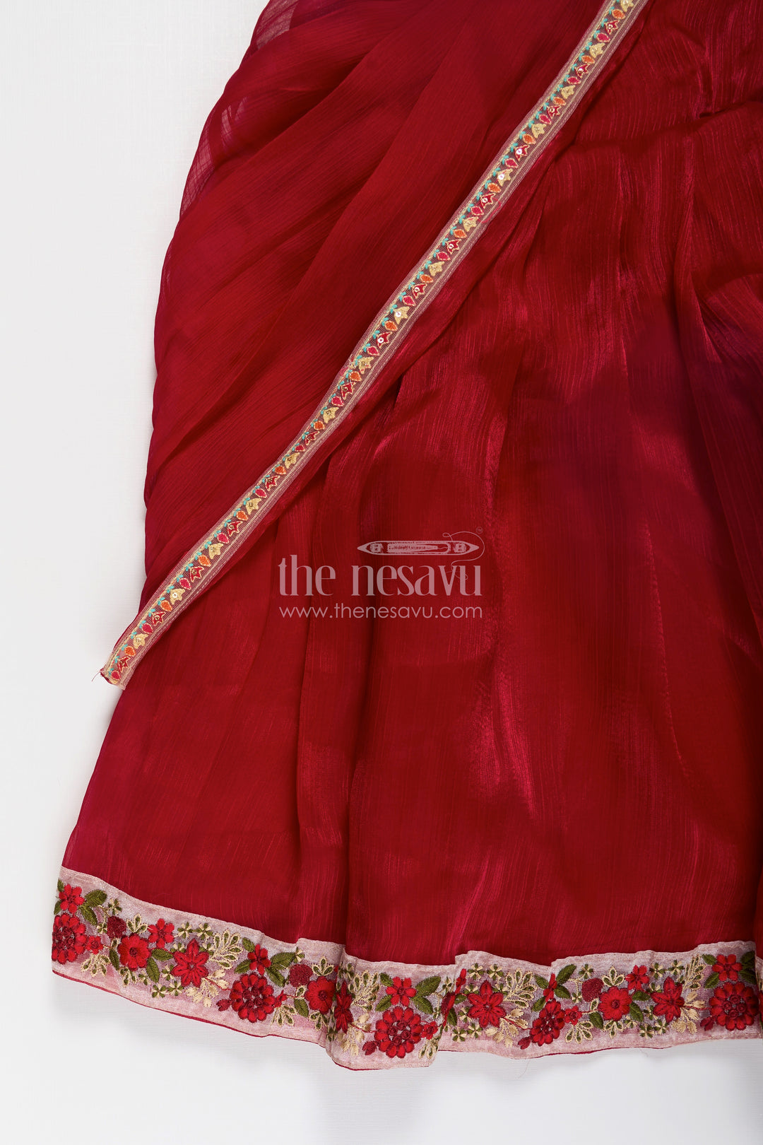 Girls Gowns for Weddings in Rich Red Organza with Embroidery Lace and Floral Dupatta Border