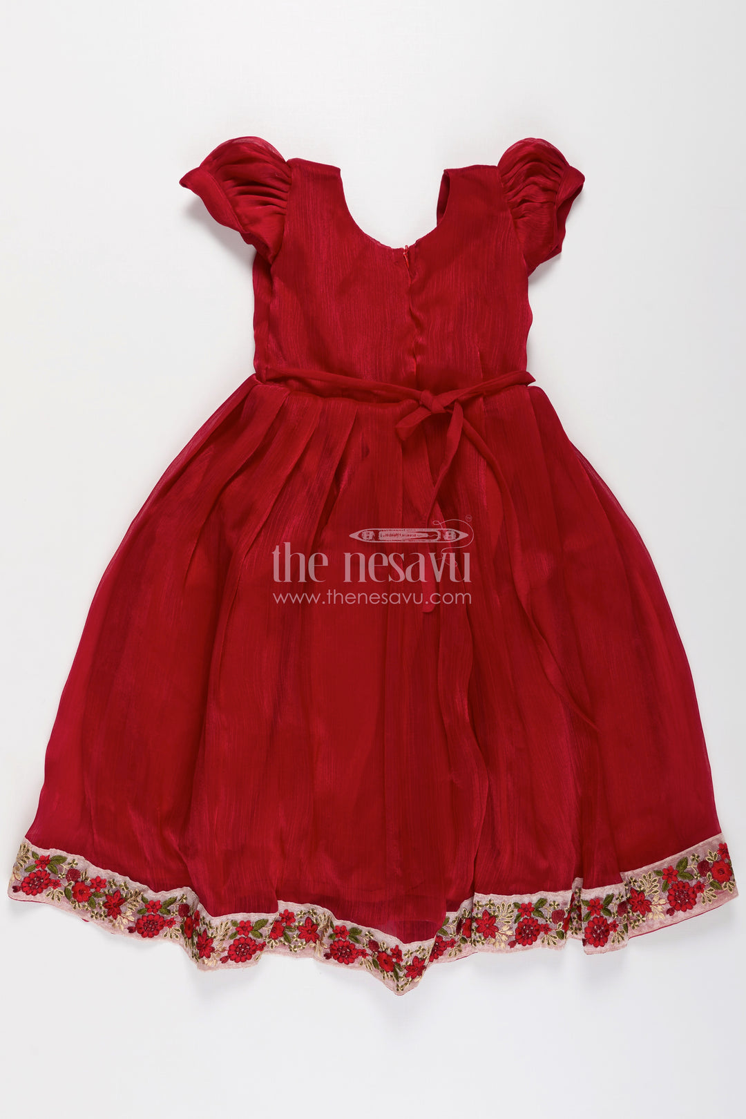 Girls Gowns for Weddings in Rich Red Organza with Embroidery Lace and Floral Dupatta Border
