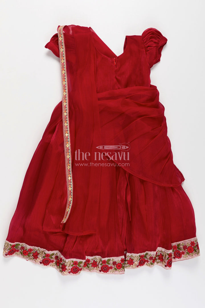 Girls Gowns for Weddings in Rich Red Organza with Embroidery Lace and Floral Dupatta Border