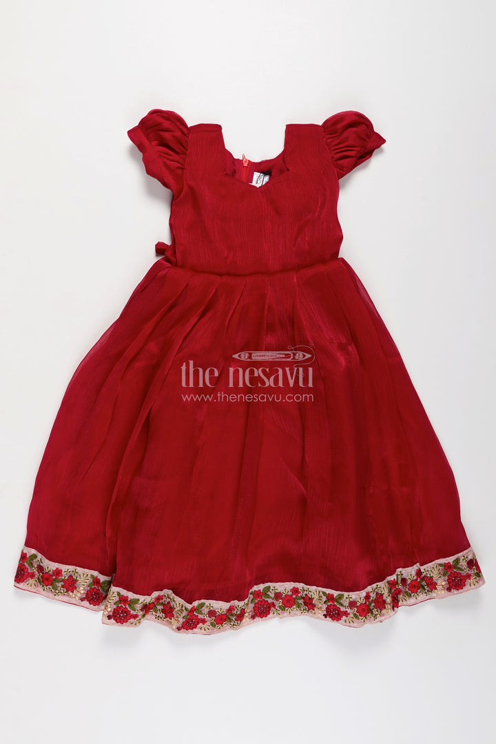Girls Gowns for Weddings in Rich Red Organza with Embroidery Lace and Floral Dupatta Border