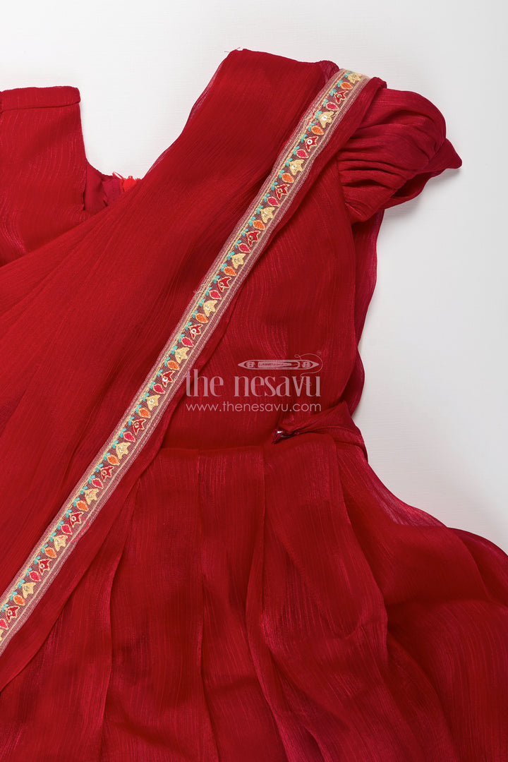 Girls Gowns for Weddings in Rich Red Organza with Embroidery Lace and Floral Dupatta Border