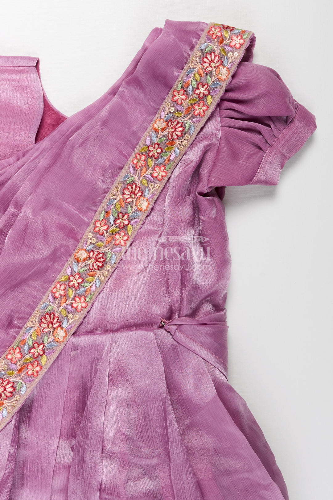 Girls Engagement Gowns in Lavender Organza with Embroidered Lace and Floral Hem Dupatta