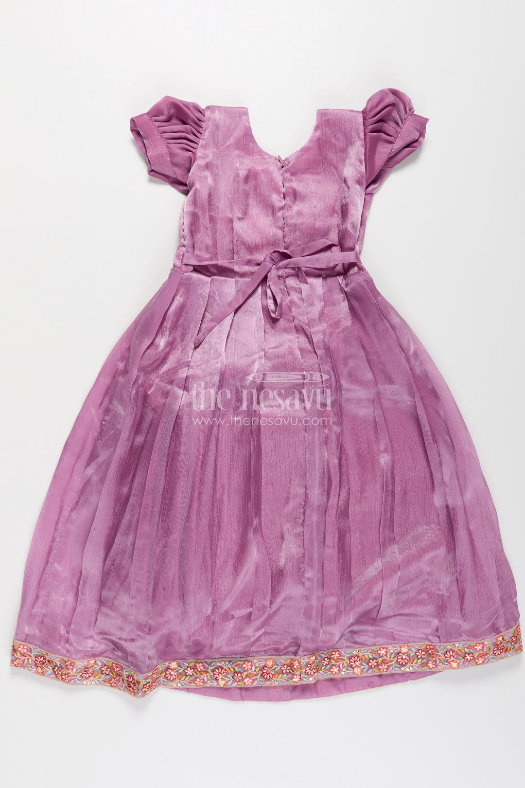 Girls Engagement Gowns in Lavender Organza with Embroidered Lace and Floral Hem Dupatta