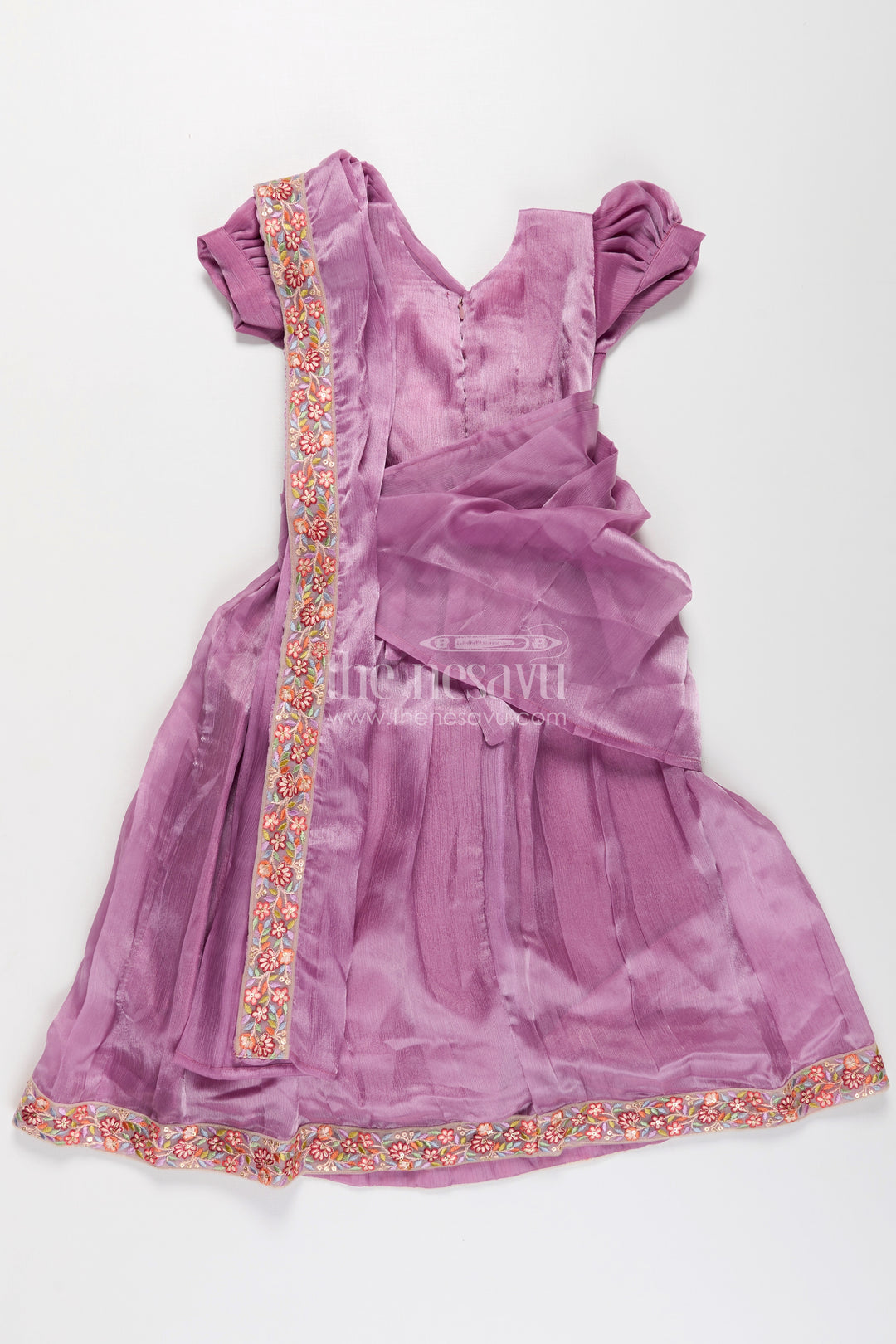 Girls Engagement Gowns in Lavender Organza with Embroidered Lace and Floral Hem Dupatta
