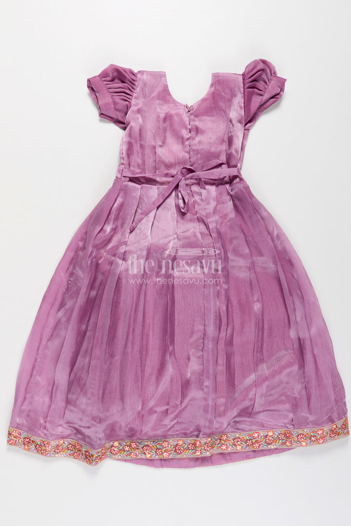 Girls Engagement Gowns in Lavender Organza with Embroidered Lace and Floral Hem Dupatta
