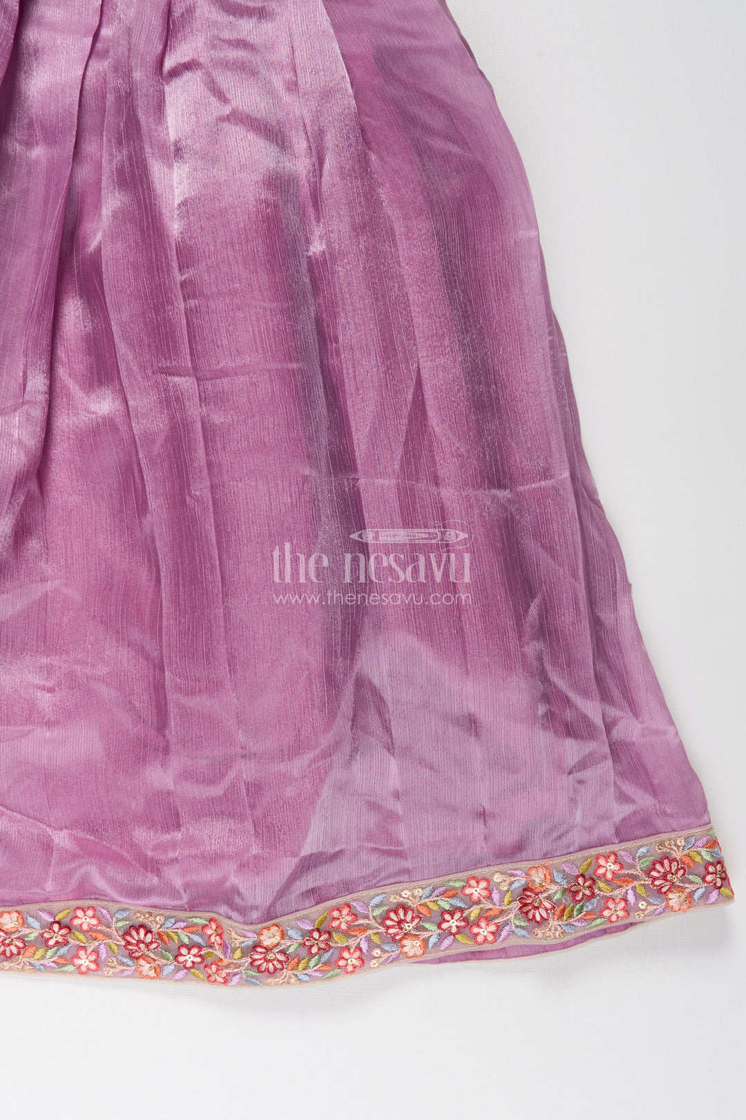 Girls Engagement Gowns in Lavender Organza with Embroidered Lace and Floral Hem Dupatta