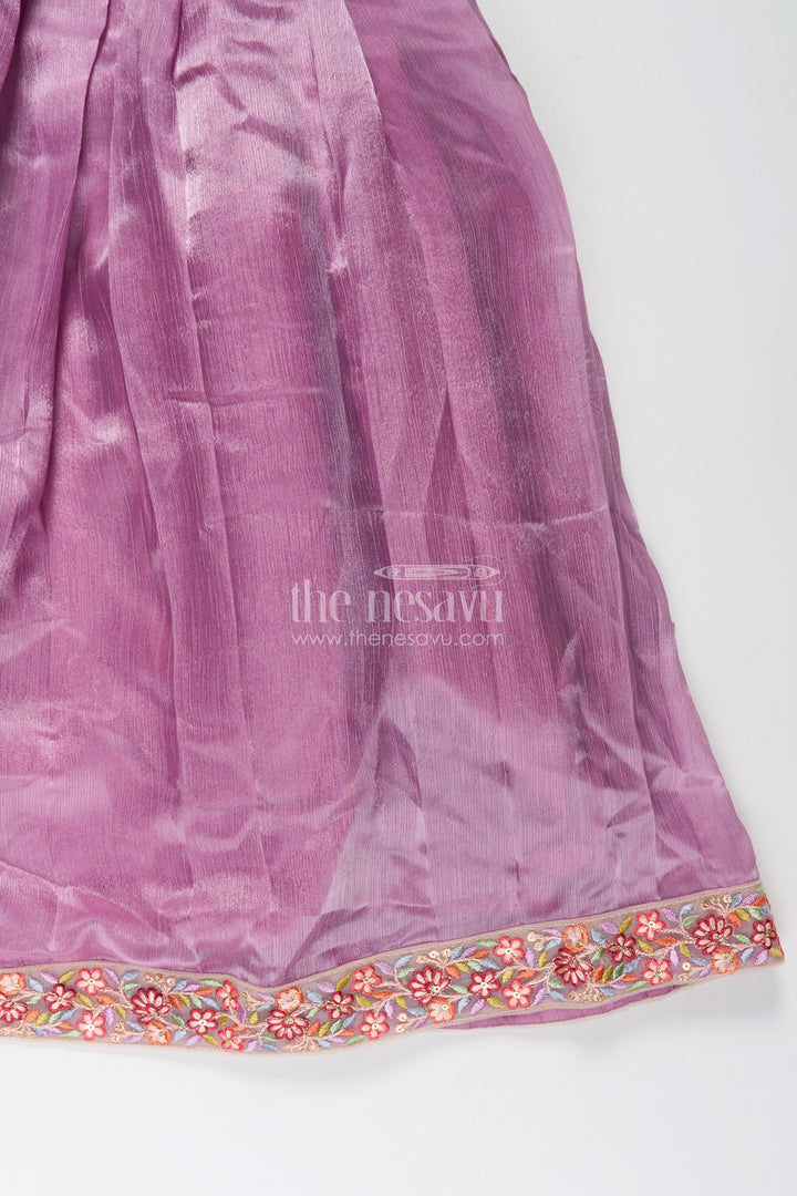 Girls Engagement Gowns in Lavender Organza with Embroidered Lace and Floral Hem Dupatta