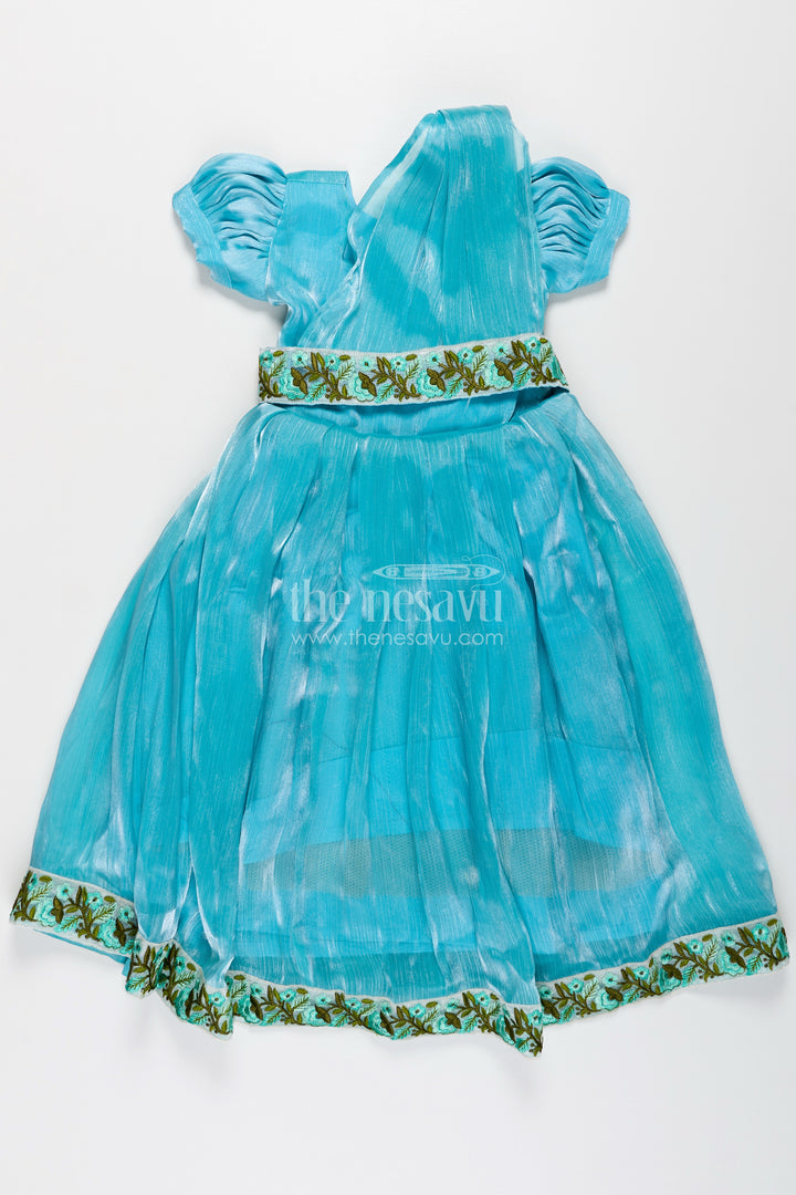 Girls Blue Organza Gown with Vibrant Floral Lace Work and Flowy Silhouette for Graceful Movement