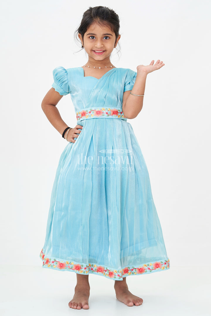 Girls Blue Organza Gown with Vibrant Floral Lace Work and Flowy Silhouette for Graceful Movement
