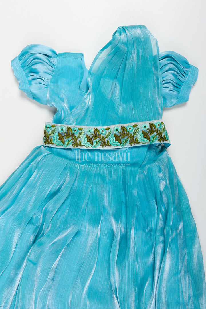 Girls Blue Organza Gown with Vibrant Floral Lace Work and Flowy Silhouette for Graceful Movement