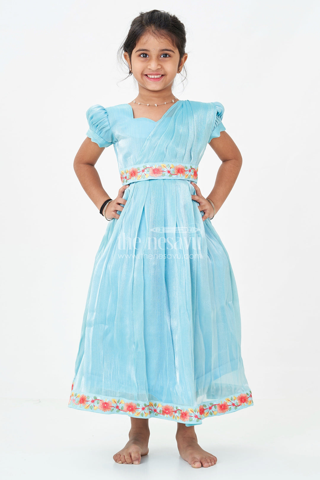 Girls Blue Organza Gown with Vibrant Floral Lace Work and Flowy Silhouette for Graceful Movement