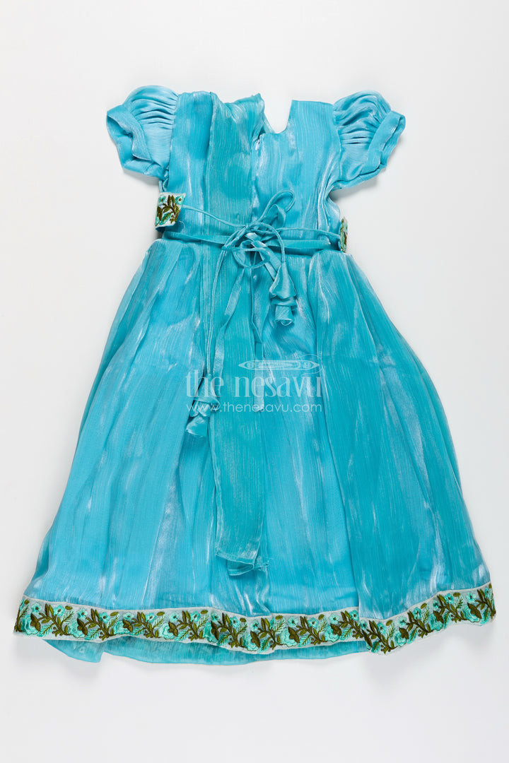 Girls Blue Organza Gown with Vibrant Floral Lace Work and Flowy Silhouette for Graceful Movement