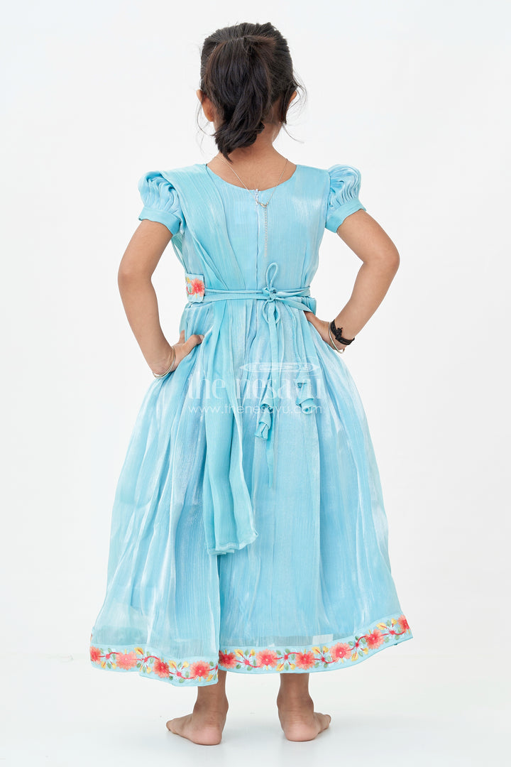 Girls Blue Organza Gown with Vibrant Floral Lace Work and Flowy Silhouette for Graceful Movement