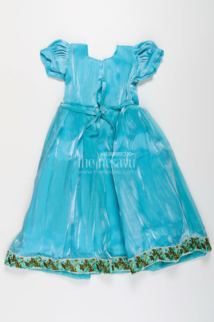 Girls Blue Organza Gown with Vibrant Floral Lace Work and Flowy Silhouette for Graceful Movement