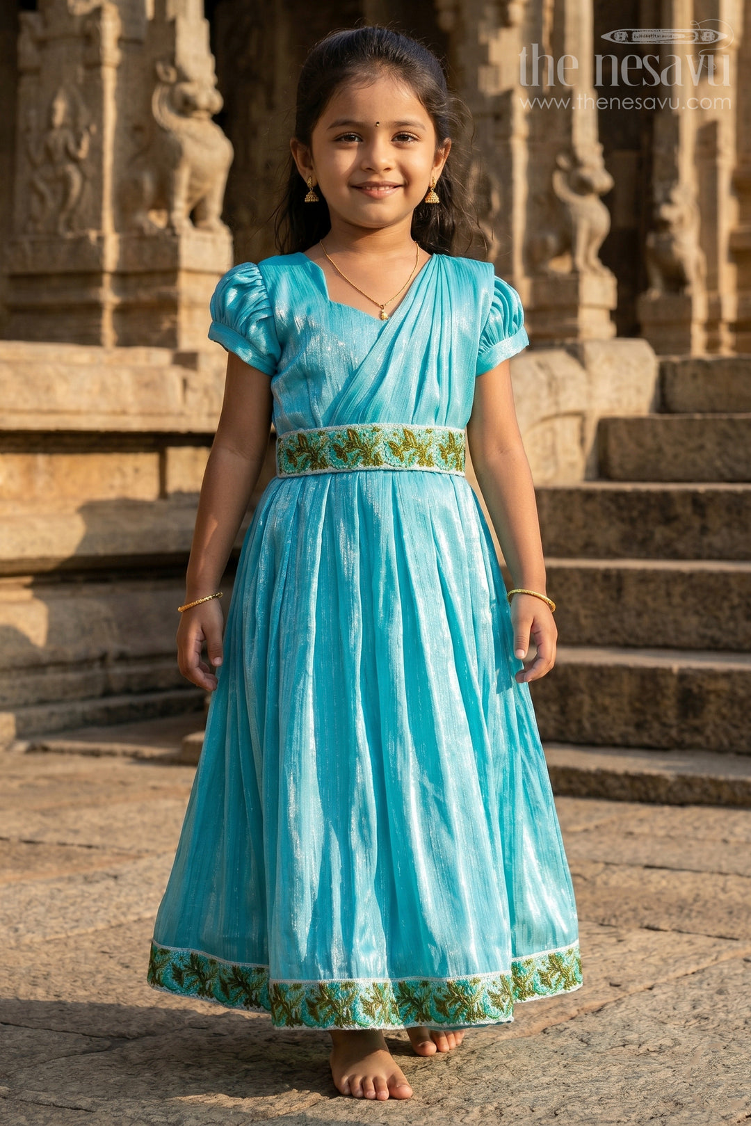 gaun dress party wear Nesavu Girls Blue Organza Gown Dress Party Wear with Leaf Lace Trim and Elegant Draped Dupatta – The Nesavu
