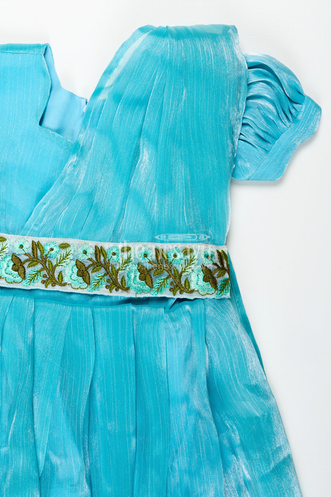 Girls Gown Dress Party Wear in Blue Organza with Leaf Embroidered Lace and Elegant Flared Finish