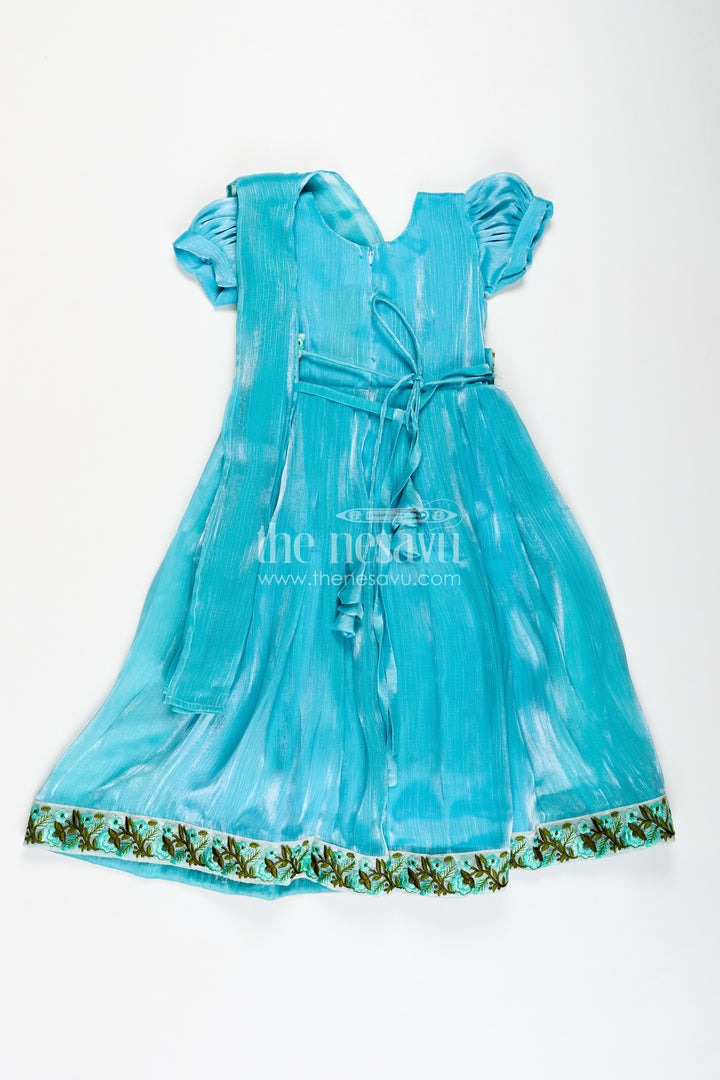 Girls Gown Dress Party Wear in Blue Organza with Leaf Embroidered Lace and Elegant Flared Finish