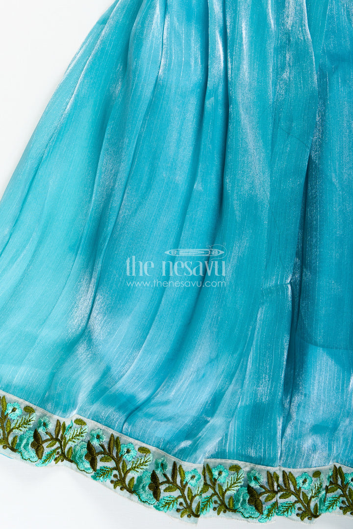 Girls Gown Dress Party Wear in Blue Organza with Leaf Embroidered Lace and Elegant Flared Finish