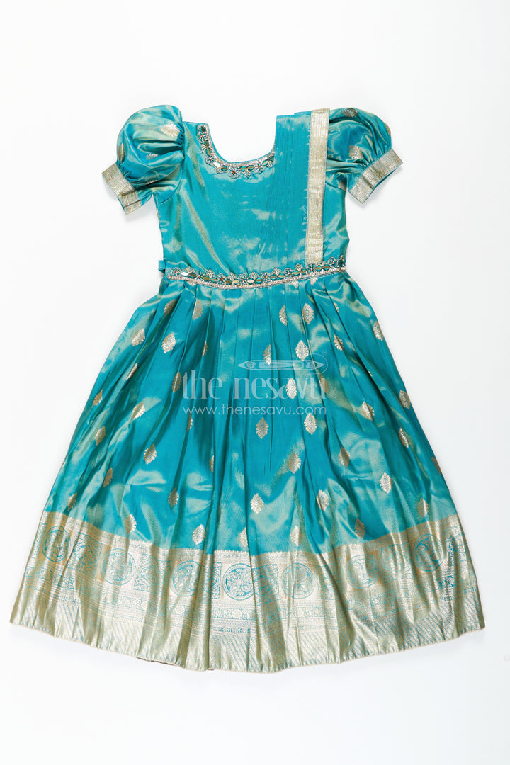 Girls Pattu Gown in Banarasi Silk Blend Jacquard with Zari Big Border and Puff Sleeves for Festive Flair