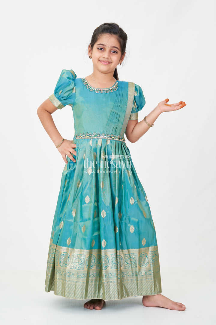 Girls Pattu Gown in Banarasi Silk Blend Jacquard with Zari Big Border and Puff Sleeves for Festive Flair