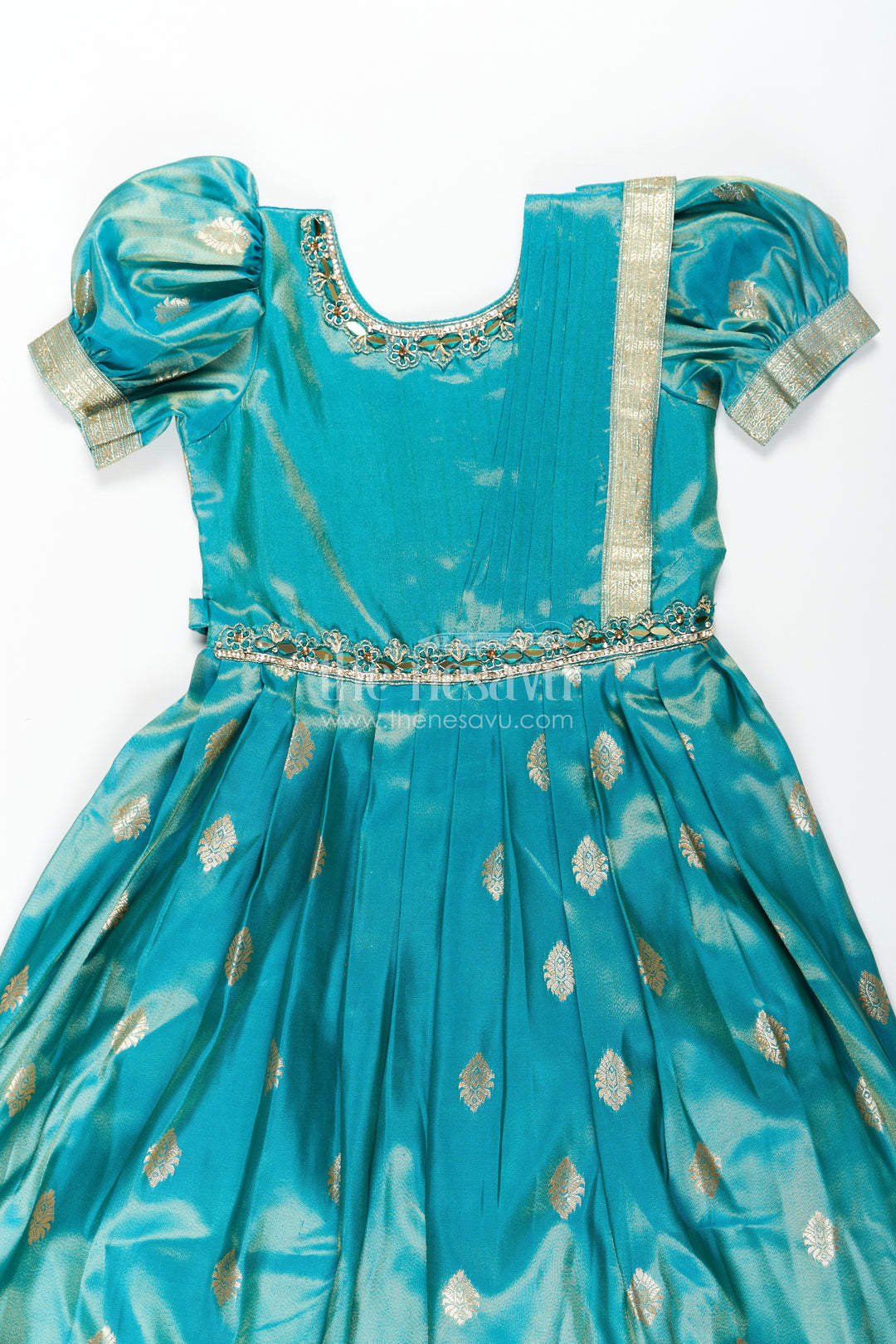 Girls Pattu Gown in Banarasi Silk Blend Jacquard with Zari Big Border and Puff Sleeves for Festive Flair