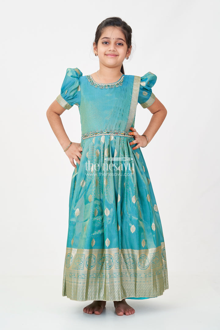 Girls Pattu Gown in Banarasi Silk Blend Jacquard with Zari Big Border and Puff Sleeves for Festive Flair
