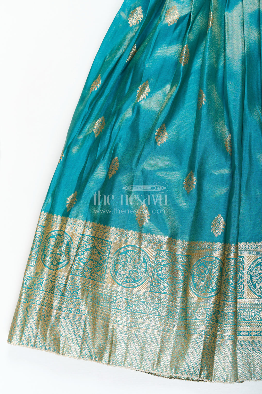 Girls Pattu Gown in Banarasi Silk Blend Jacquard with Zari Big Border and Puff Sleeves for Festive Flair