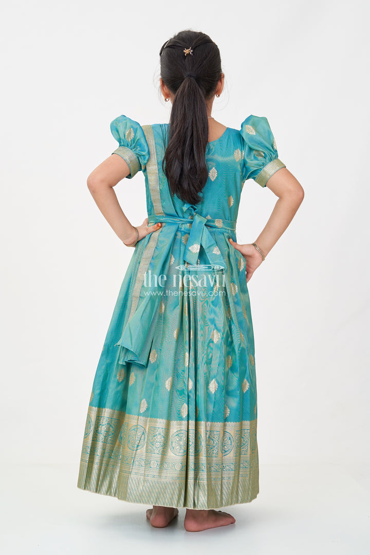 Girls Pattu Gown in Banarasi Silk Blend Jacquard with Zari Big Border and Puff Sleeves for Festive Flair