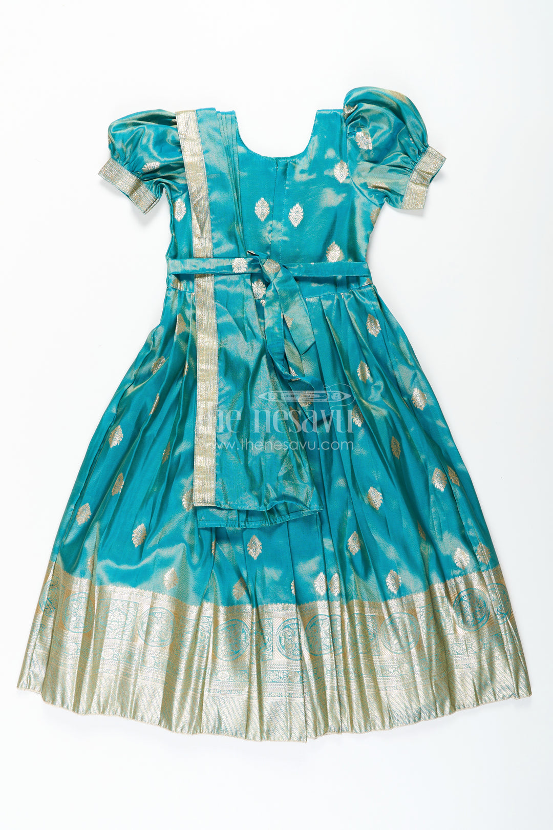 Girls Pattu Gown in Banarasi Silk Blend Jacquard with Zari Big Border and Puff Sleeves for Festive Flair