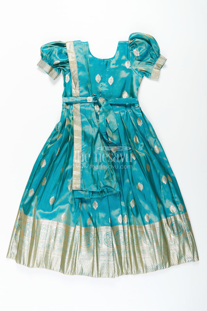 Girls Pattu Gown in Banarasi Silk Blend Jacquard with Zari Big Border and Puff Sleeves for Festive Flair
