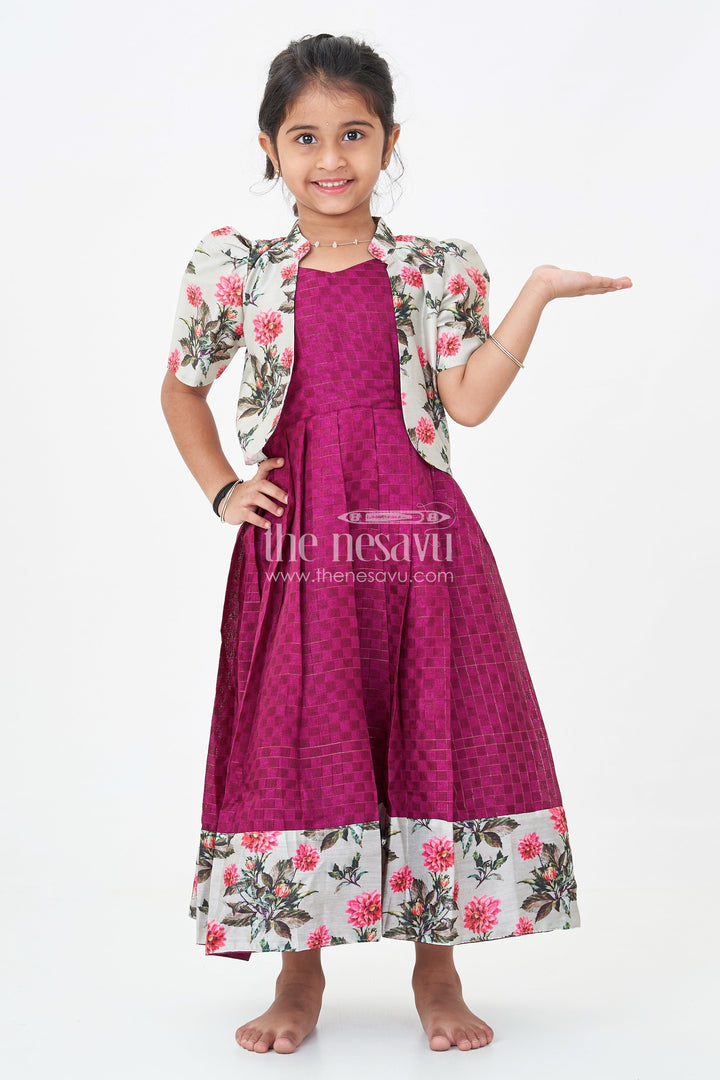 Girls Silk Cotton Gown with Floral Chanderi Overcoat in pink colour gown dress Style