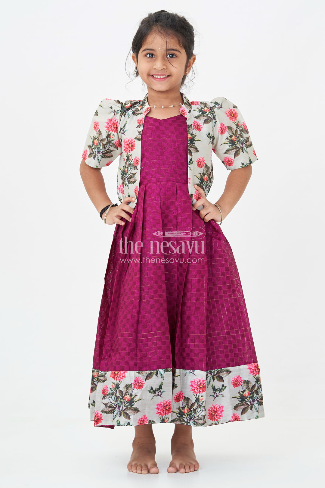 Girls Silk Cotton Gown with Floral Chanderi Overcoat in pink colour gown dress Style