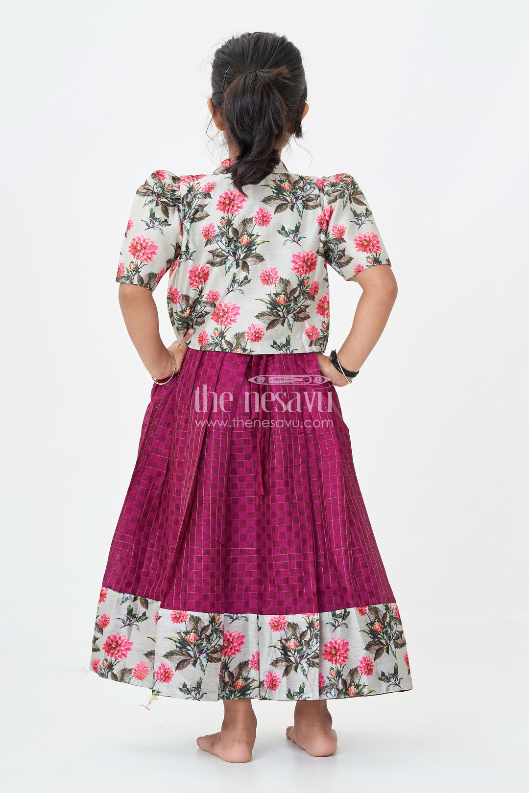 Girls Silk Cotton Gown with Floral Chanderi Overcoat in pink colour gown dress Style