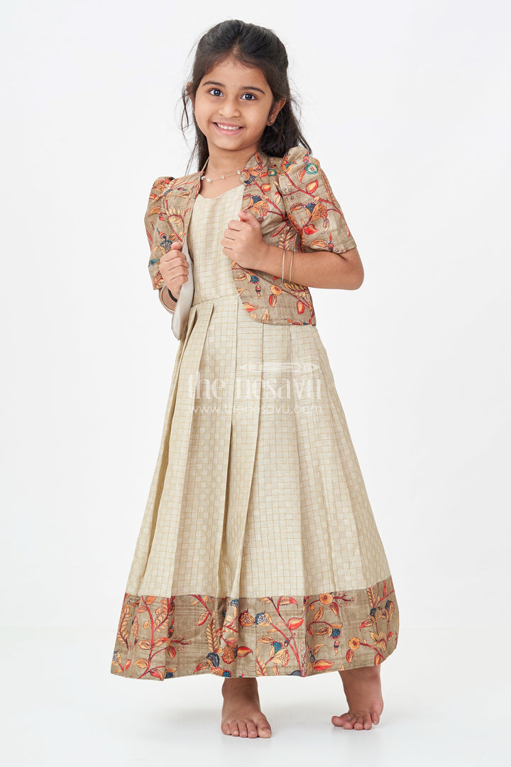 Girls Silk Cotton Gown with Embroidered Chanderi Overcoat in green gown with sleeves Style