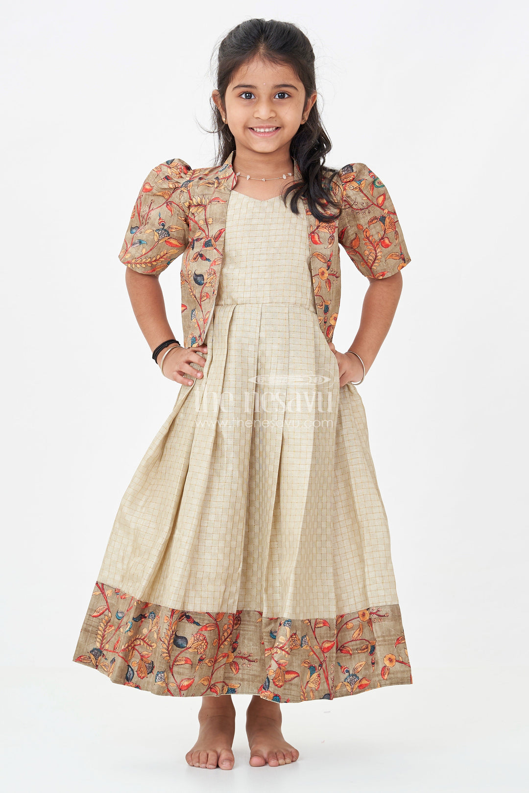 Girls Silk Cotton Gown with Embroidered Chanderi Overcoat in green gown with sleeves Style