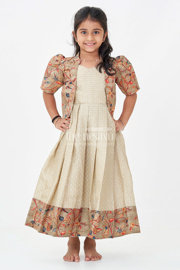 Girls Silk Cotton Gown with Embroidered Chanderi Overcoat in green gown with sleeves Style