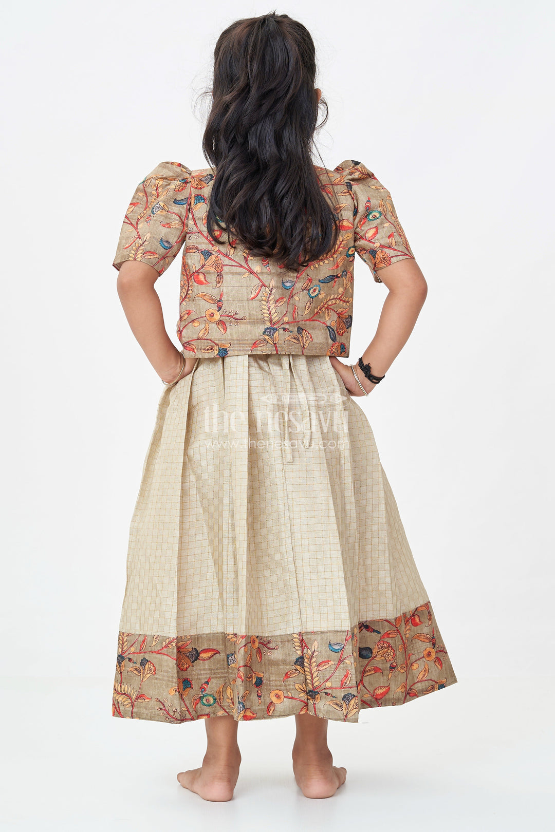 Girls Silk Cotton Gown with Embroidered Chanderi Overcoat in green gown with sleeves Style
