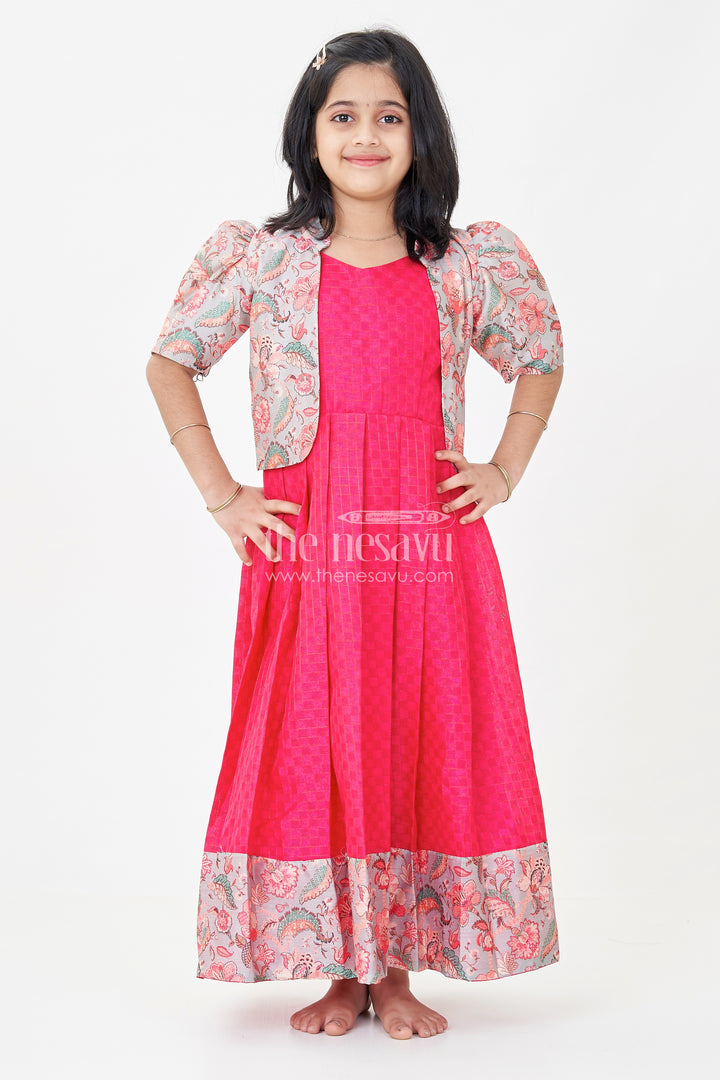 Girls Silk Cotton Gown with Pleated Design and Floral Chanderi Overcoat in silk gown party wear Style