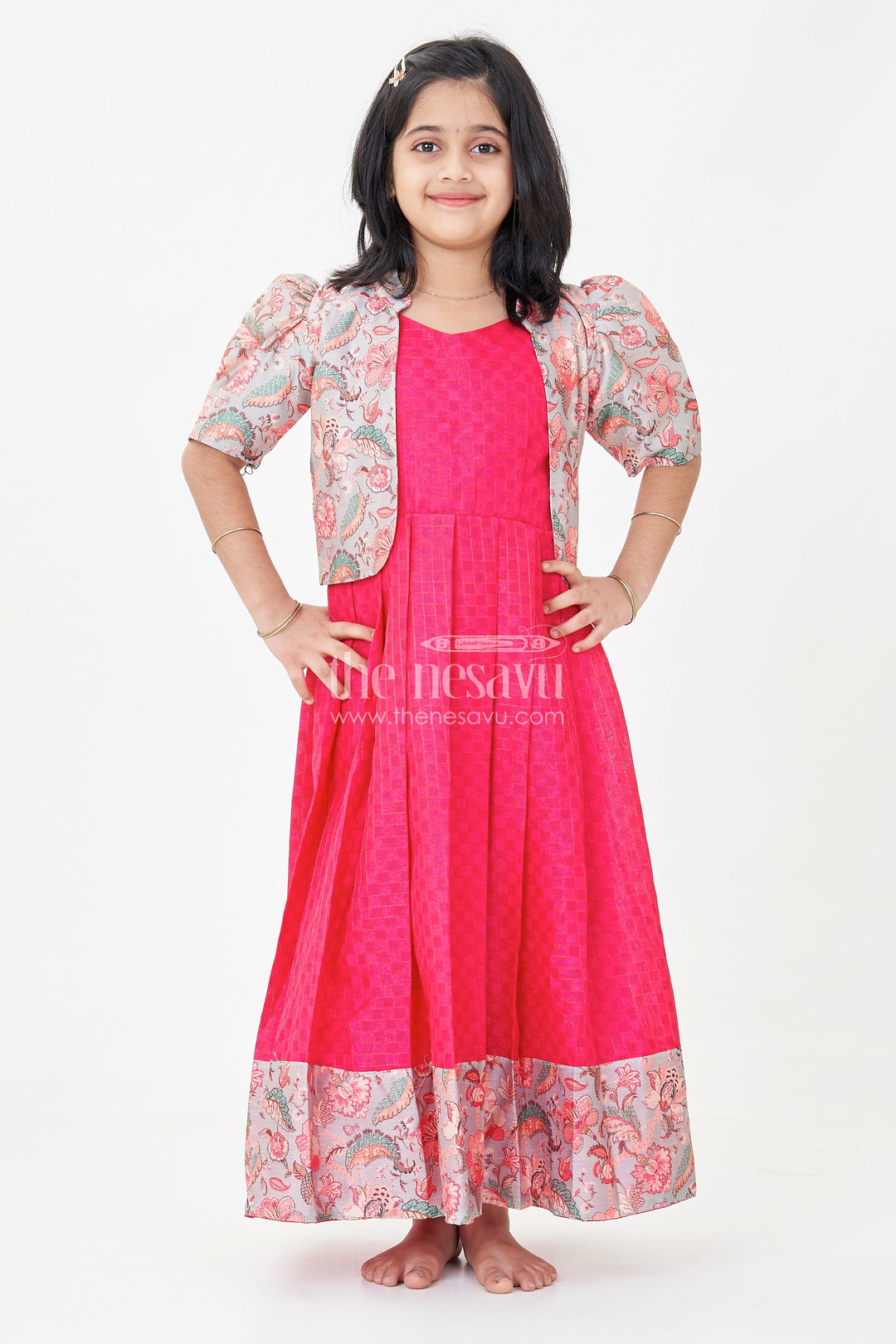 Girls Silk Cotton Gown with Pleated Design and Floral Chanderi Overcoat in silk gown party wear Style